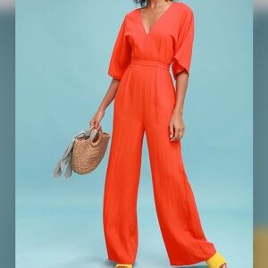 Chic La Vie Coral Red Wide-Leg Jumpsuit